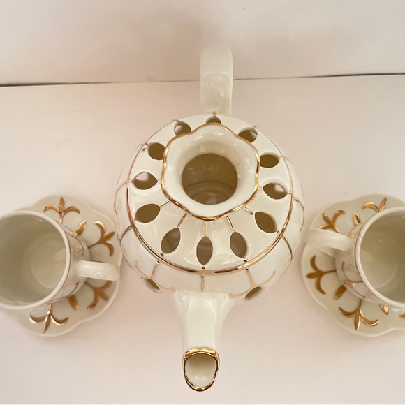 Partylite Tea for Two Votive Candle Teapot Teacup Saucer Set Ivory Gold 6 Pieces - Picture 14 of 14